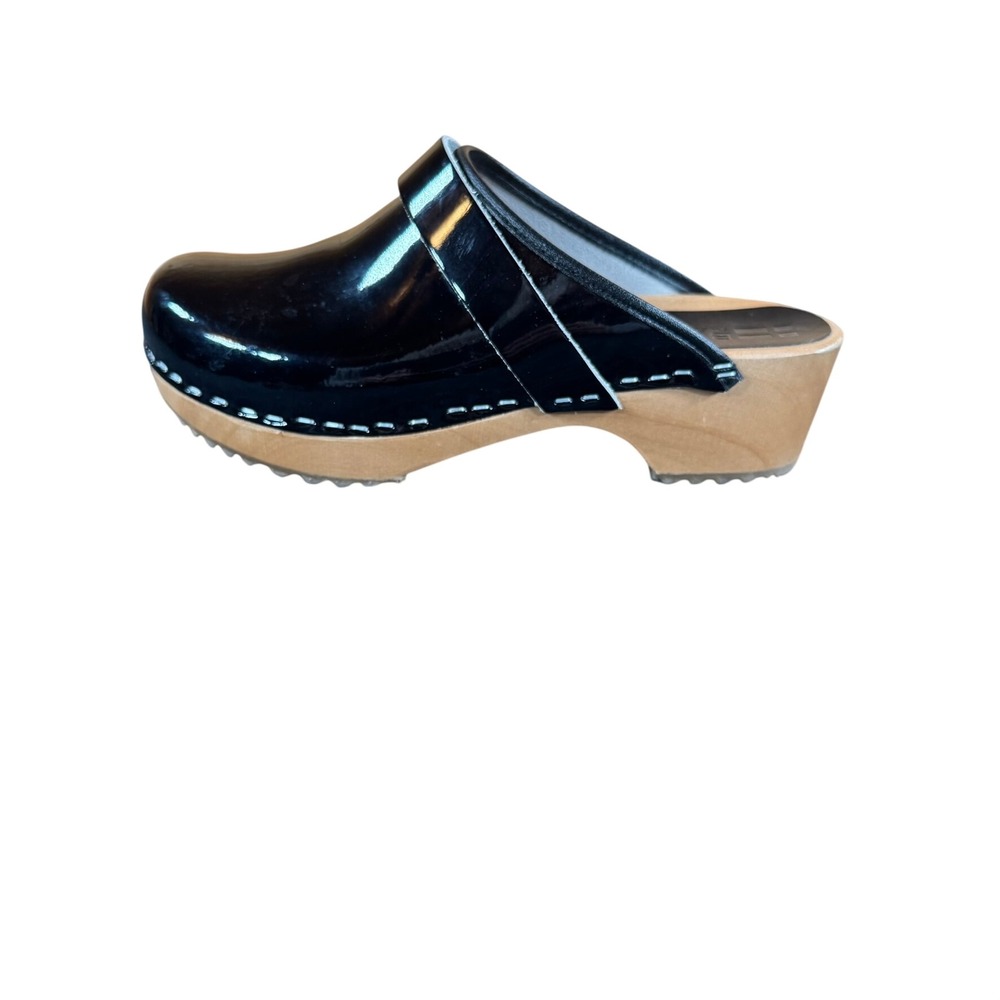 Bjork Swedish Comfort Black Patent Leather Wooden Clogs Mules Size 37